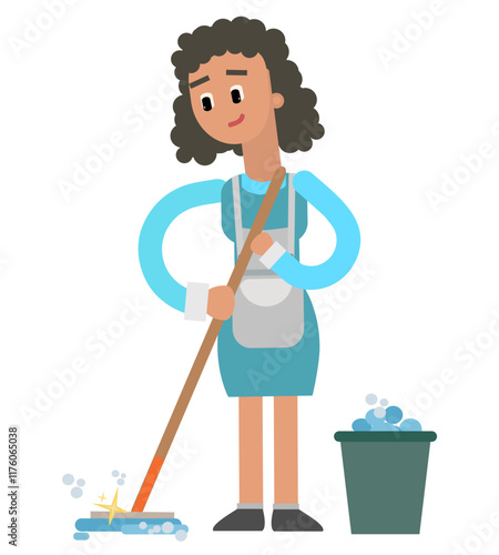 Vector illustration of cleaning woman mopping the floor idea, cute cartoon illustration