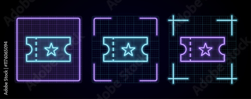 Ticket icon illustration, cyber neon visual, glowing border grid vector.