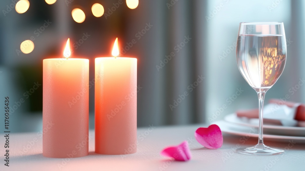 Romantic dinner setting with candles and a glass of water. Romantic dinner setting with candles and a glass of water.