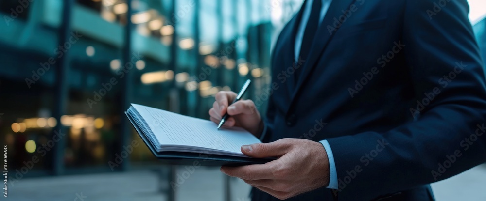 Businessman Taking Notes in Front of Modern Building