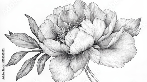 Fototapeta Naklejka Na Ścianę i Meble -  Detailed artistic black and white illustration of a blooming peony flower with intricate petal details and leaves, capturing botanical beauty and natural elegance in monochrome