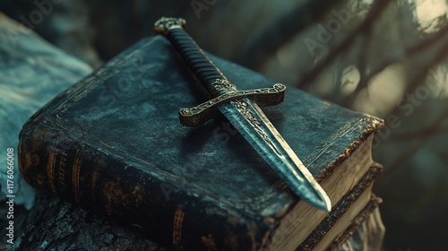 Antique dagger rests on ancient book in mystical forest setting.