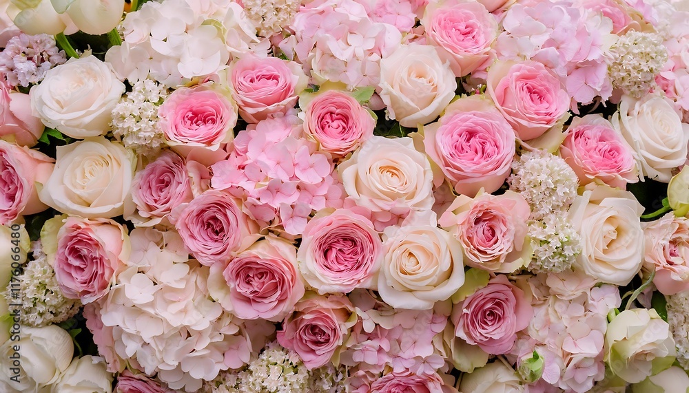 A densely packed arrangement of pink and white roses and hydrangeas A densely packed arrangement of pink and white roses and hydrangeas