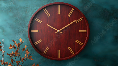 Wallpaper Mural Modern Wooden Wall Clock with Natural Red Wood Grain and Engraved Numbers on Matte Red Background Torontodigital.ca