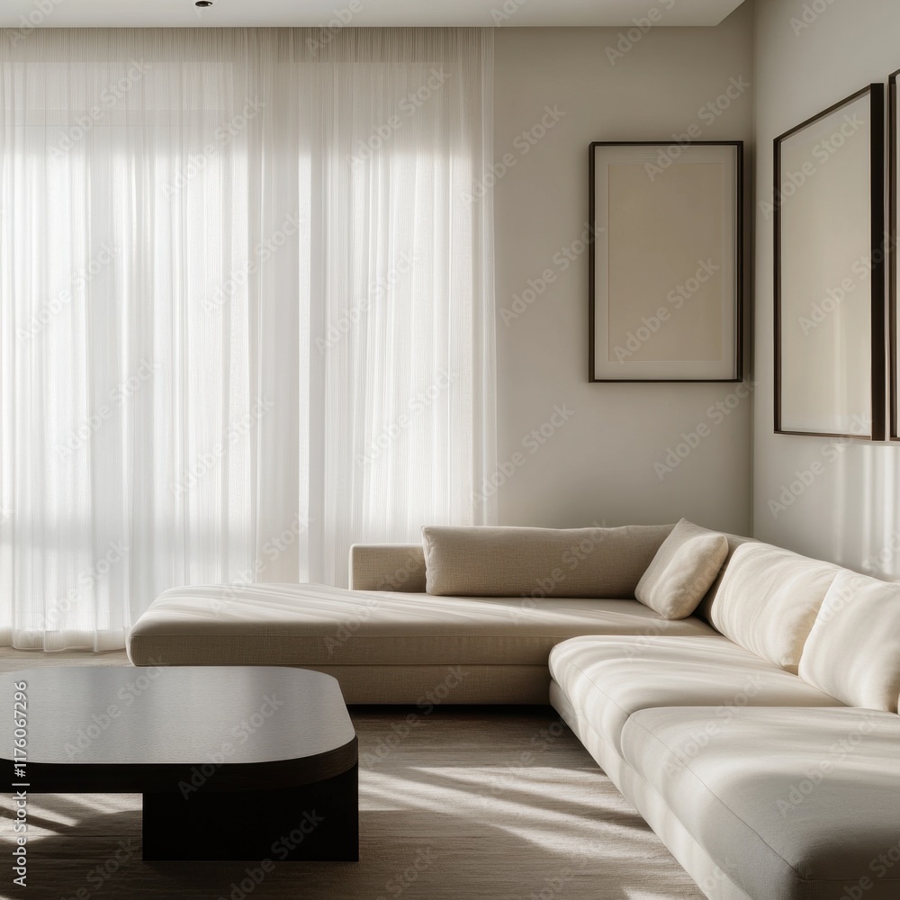A white couch with a black coffee table in the middle of the room A white couch with a black coffee table in the middle of the room
