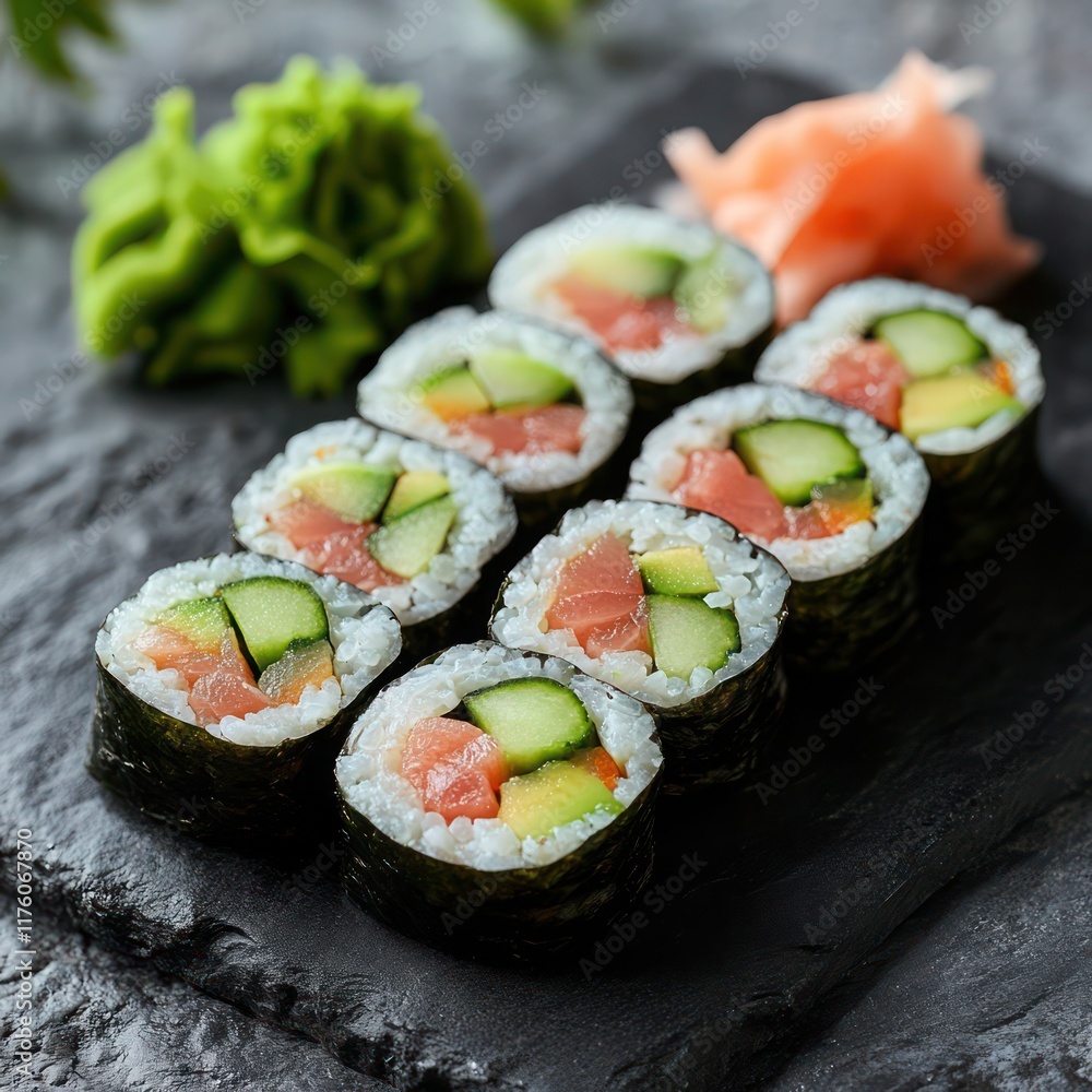 a healthy serving of sushi roll served on a black ceramic plate a healthy serving of sushi roll served on a black ceramic plate