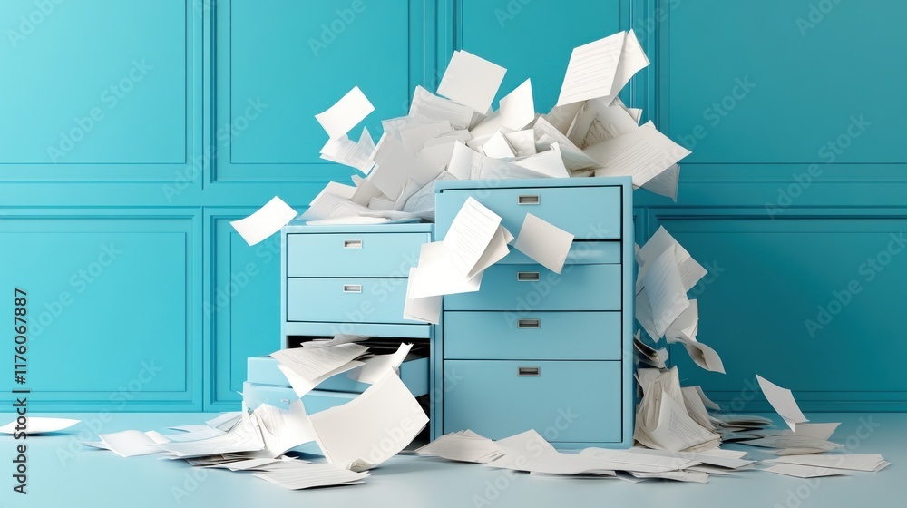 A chaotic scene of overflowing filing cabinets with scattered papers.