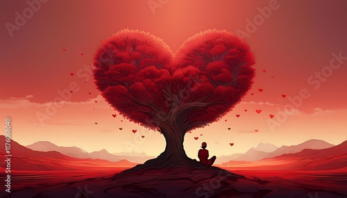 A heart-shaped tree stands on a red-toned landscape with a figure seated beneath it.