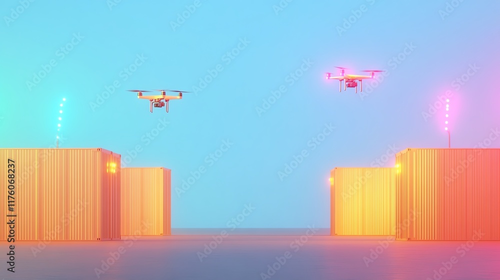 Obraz premium Two drones fly above brightly illuminated containers in a futuristic setting, showcasing technology and innovation.