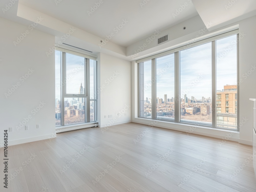 A large empty room with a view of the city A large empty room with a view of the city