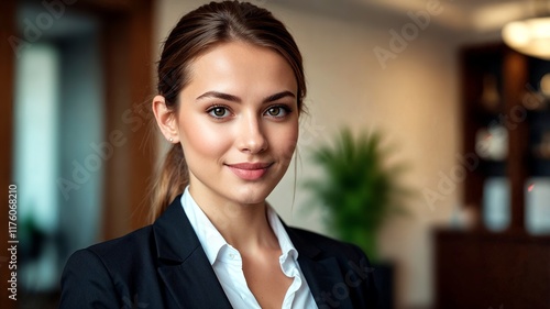 Attractive smiling elegant woman at the reception, front desk or at the office, with elegant outfit and professional attire Free Download Attractive smiling elegant woman at the reception, front desk or at the office, with elegant outfit and professional attire - GFXLoad