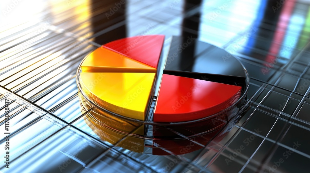 Fototapeta premium A data-driven D pie chart with metallic textures and glossy reflections.
