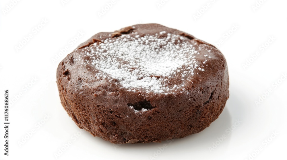 A dense flourless chocolate cake topped with powdered sugar. A dense flourless chocolate cake topped with powdered sugar.