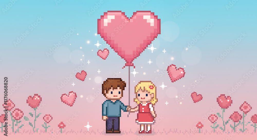 Pixel Art Couple Holding Heart Balloon, Valentine's Day Romance Pixel Art Couple Holding Heart Balloon, Valentine's Day Romance