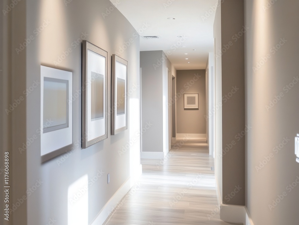 Fototapeta premium A hallway with a white wall and a white floor