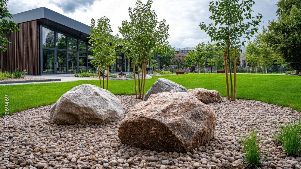 A front lawn adorned with ornamental rocks and a few young trees. A front lawn adorned with ornamental rocks and a few young trees.
