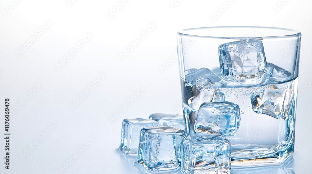 A glass of water with ice cubes, showcasing refreshment. A glass of water with ice cubes, showcasing refreshment.