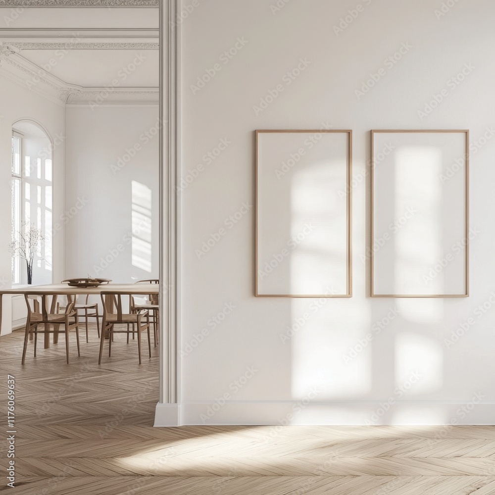 Fototapeta premium A white room with a large window and two empty picture frames on the wall