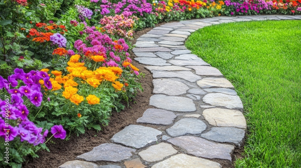 Obraz premium A front lawn with a natural stone walkway curving through a garden.