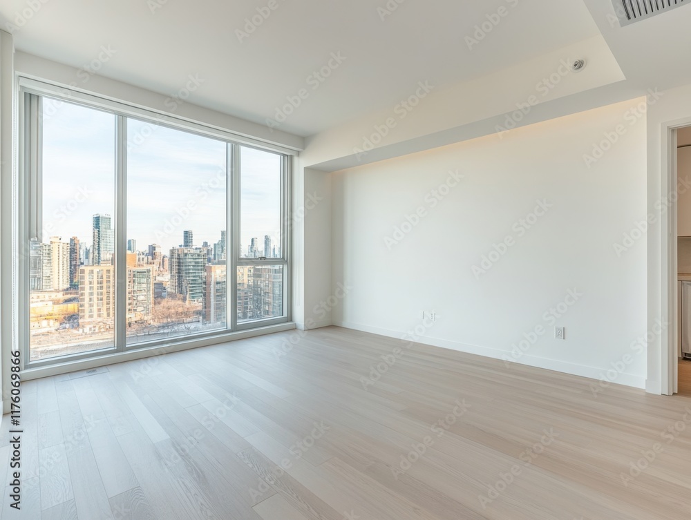 Obraz premium A large empty room with a window and a view of the city