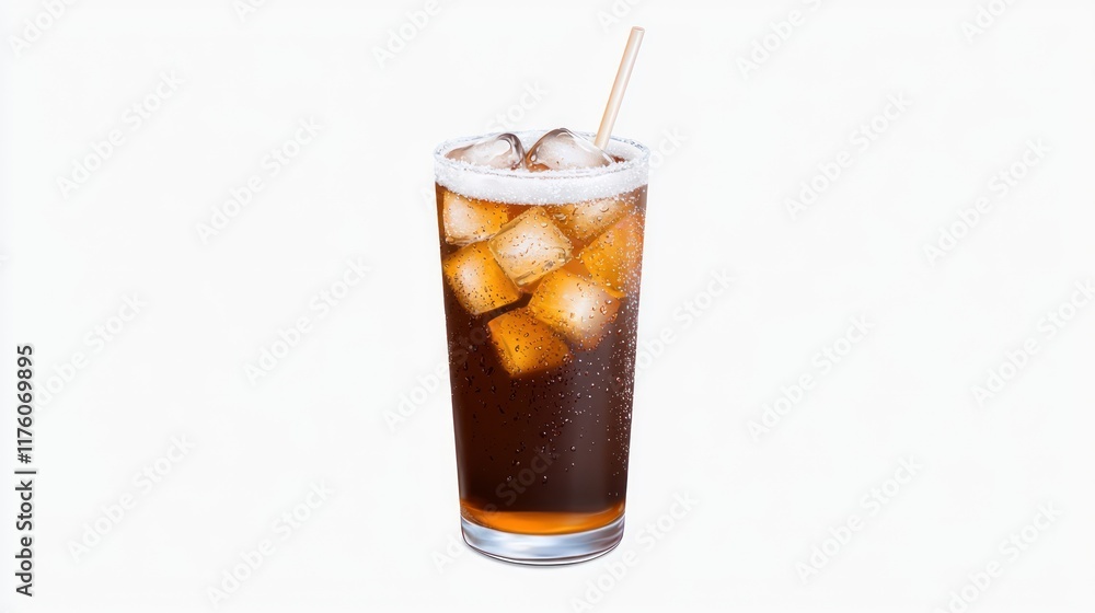 A refreshing glass of iced cola with ice cubes and a straw. A refreshing glass of iced cola with ice cubes and a straw.