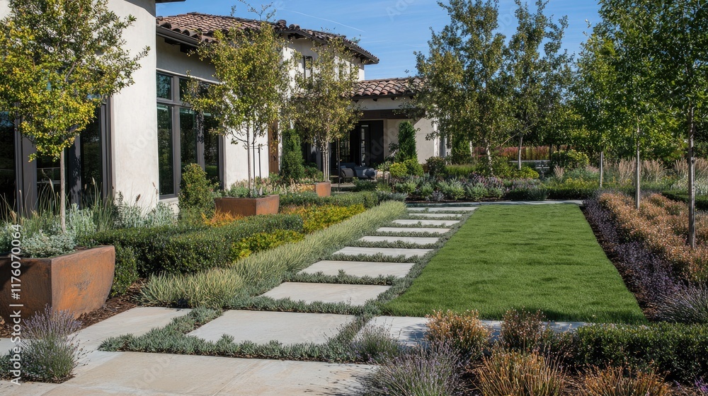 A geometric hedge pattern highlighting a green front lawn landscape. A geometric hedge pattern highlighting a green front lawn landscape.