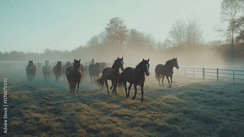 Naklejka premium A herd of horses galloping across a misty morning landscape.