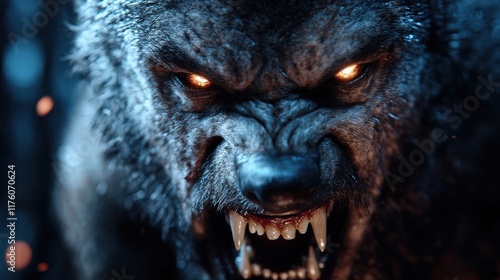 A fierce wolf stares menacingly, its glowing eyes cutting through a darkened forest, capturing the essence of wild instincts and nature's raw power in a striking and intense moment.