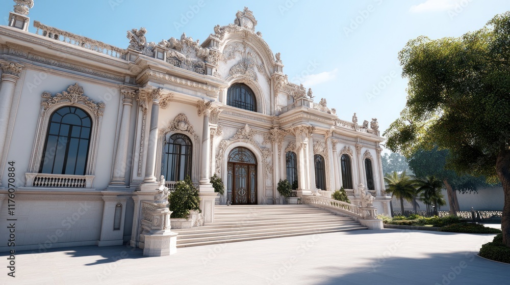 Elegant architectural building with ornate details and stairway.