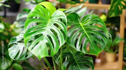 Close-up of a vibrant green Monstera deliciosa plant with large, fenestrated leaves. photo