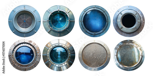 Metal round portholes in ship, submarine or spaceship, set collection, mega bundle, isolated on transparent background