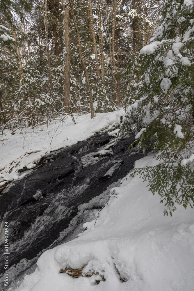 Water flowing over shale rock through forest covered in snow Water flowing over shale rock through forest covered in snow