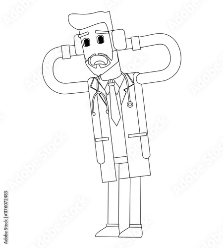 Black and white line vector illustration, male doctor, cute cartoon illustration