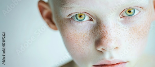 Close-up portrait of albino child with unique eyes and freckles.