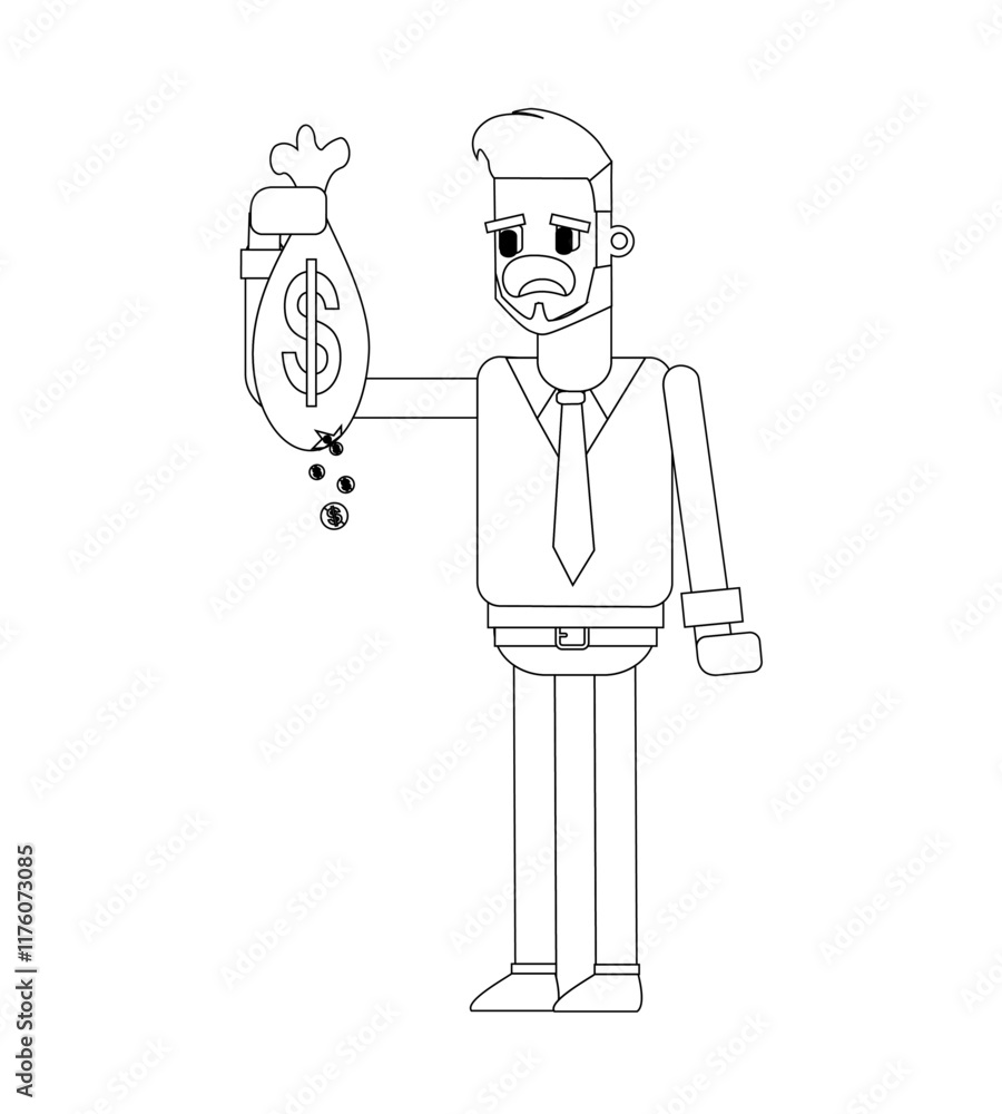 Black and white line vector illustration, business man character with money he has, cute cartoon illustration Black and white line vector illustration, business man character with money he has, cute cartoon illustration