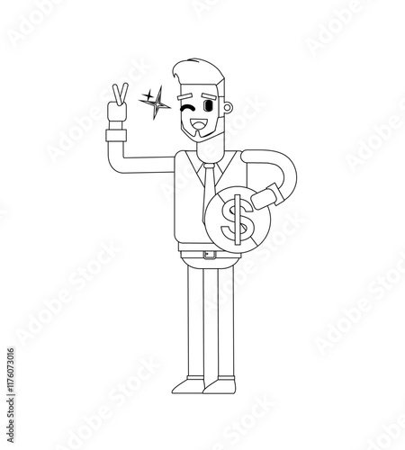 Black and white line vector illustration, business man character with money he has, cute cartoon illustration