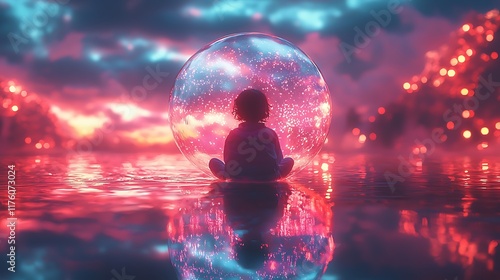 Child meditating in a protective sphere, surreal landscape, peaceful sunset, fantasy art, spiritual concept