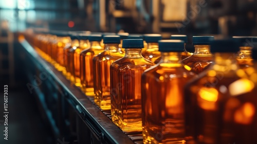 Wallpaper Mural Conveyor Belt of Amber Glass Bottles in a Production Line Torontodigital.ca