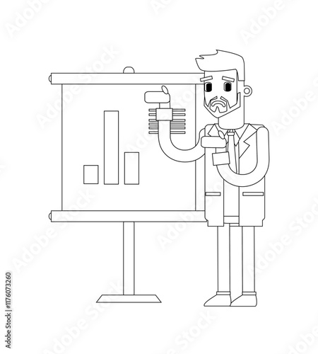 Black and white line vector illustration, business man character is presenting with screen containing diagrams, cute cartoon illustration