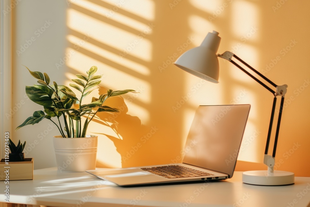 Fototapeta premium Bright and Cozy Home Office with a Laptop, Desk Lamp, and Green Plants Bathed in Warm Natural Light Creating an Inviting Work Environment