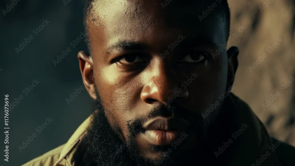 Serious black coal miner staring at camera Serious black coal miner staring at camera