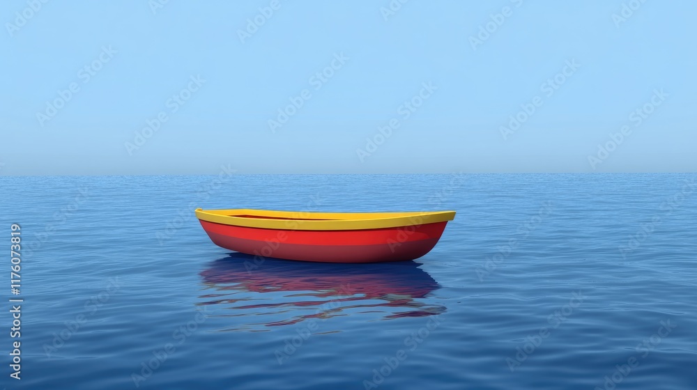 Naklejka premium A brightly colored rowboat drifting alone in deep ocean blue.
