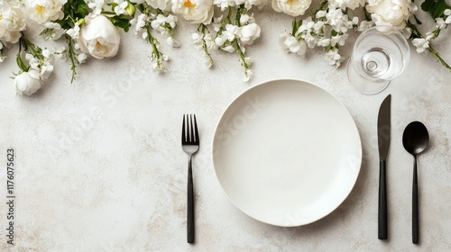 A clean and modern flat-lay of a white plate with polished cutlery, creating a minimalist aesthetic.