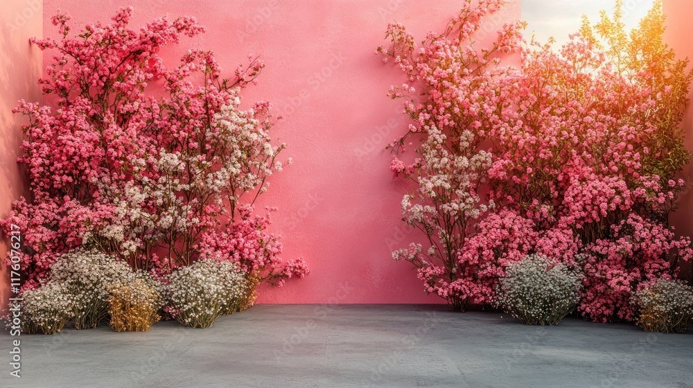 Fototapeta premium Pink wall with flowering plants.