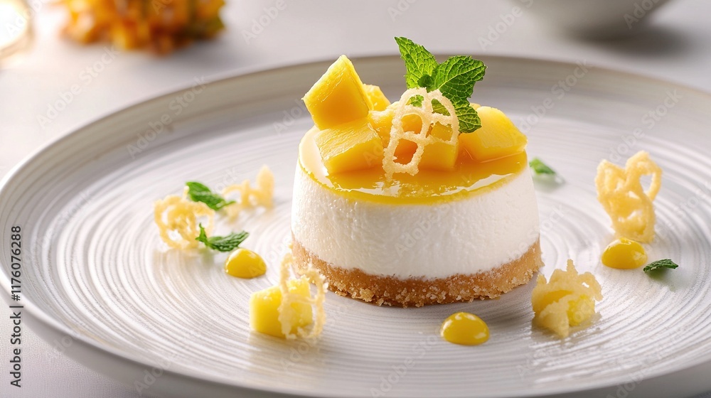 Delicious mango cheesecake served on a white plate. Delicious mango cheesecake served on a white plate.