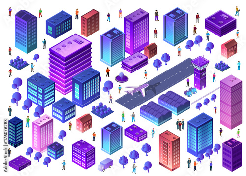 Isometric smart city with airport, airplane taking off, office buildings, houses, trees and citizens moving around