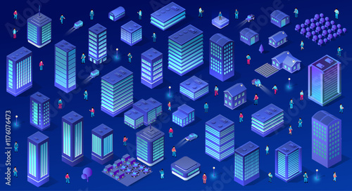 Isometric futuristic smart city with many modern buildings, skyscrapers, houses, trees, vehicles, street lights and businesspeople moving around at night