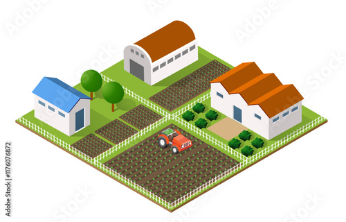 Isometric view of a red tractor plowing cultivated land in a farm with barns, greenhouses, and trees