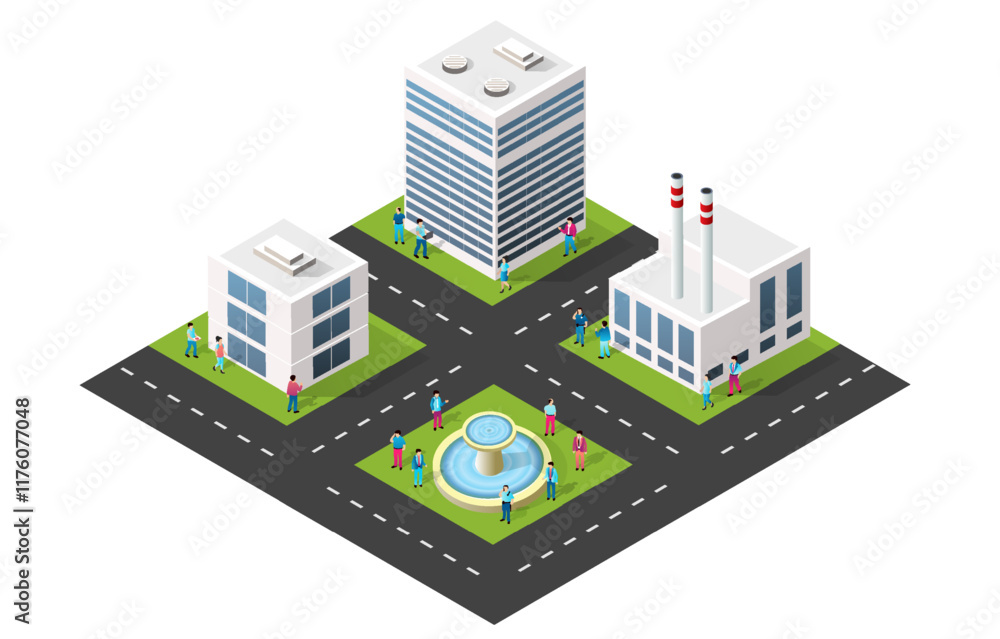 Isometric city view showing office buildings, factory, park with fountain and miniature businessmen walking on the streets Isometric city view showing office buildings, factory, park with fountain and miniature businessmen walking on the streets