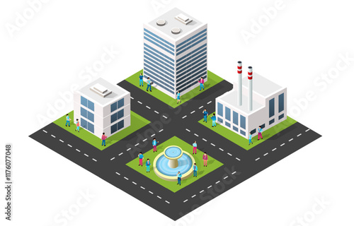 Isometric city view showing office buildings, factory, park with fountain and miniature businessmen walking on the streets